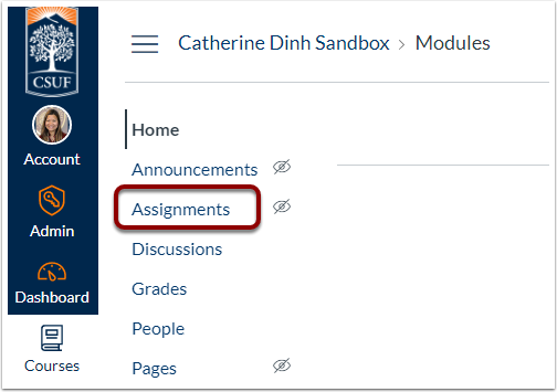 Assignments navigation link selected