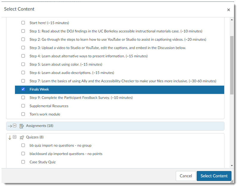 Final Weeks Module selected