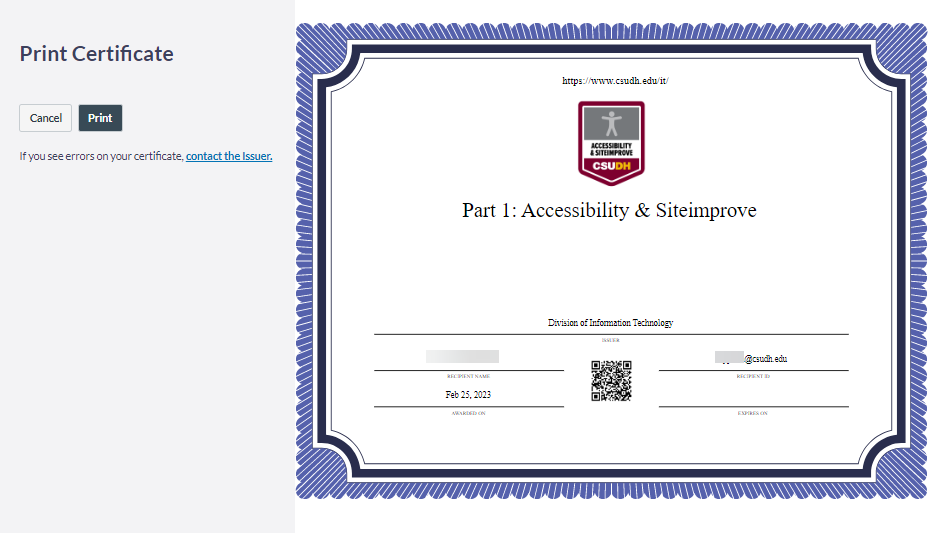 Part 1: Accessibility & SiteimprovePrint certificate.