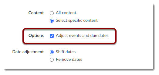 Box ticked for Adjust events and due dates