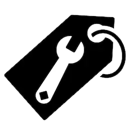 A black and white tag with a wrench on it.