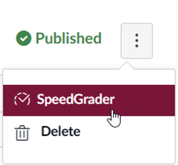 A hand cursor clicking the SpeedGrader link found in the options menu (three-dot icon).