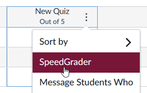 A hand cursor clicking the SpeedGrader link found in the grade column menu.