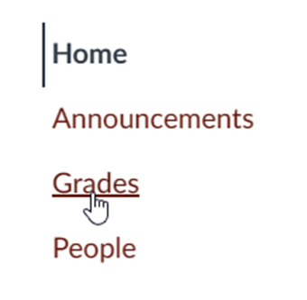 A hand cursor clicking the Grades link in the Canvas course navigation menu.