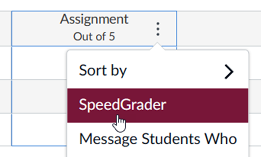 A hand cursor clicking the SpeedGrader link found in the grade column menu.