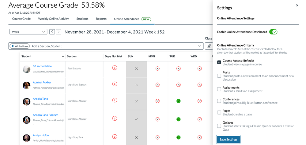 Online Attendance Configurable Menu