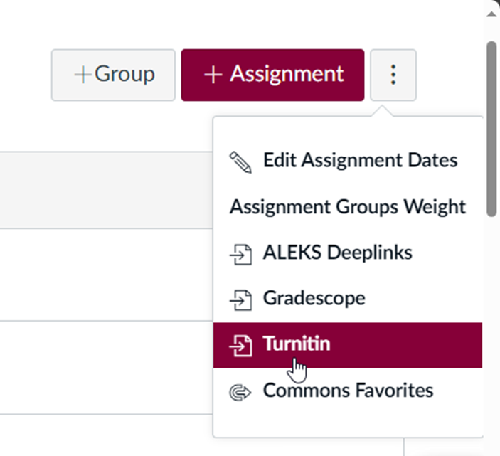 Assignment menu with Turnitin highlighted.