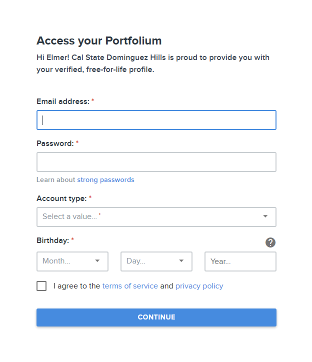 Portfolium account sign up page with textboxes for an email address, password, account type, and birthday.