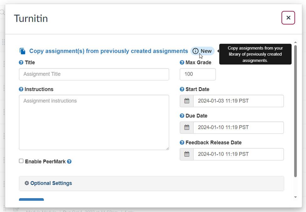 Turnitin modal window containing assignment copy link, textboxes for the assignment title, instructions, points, and the start, due, and feedback release dates.