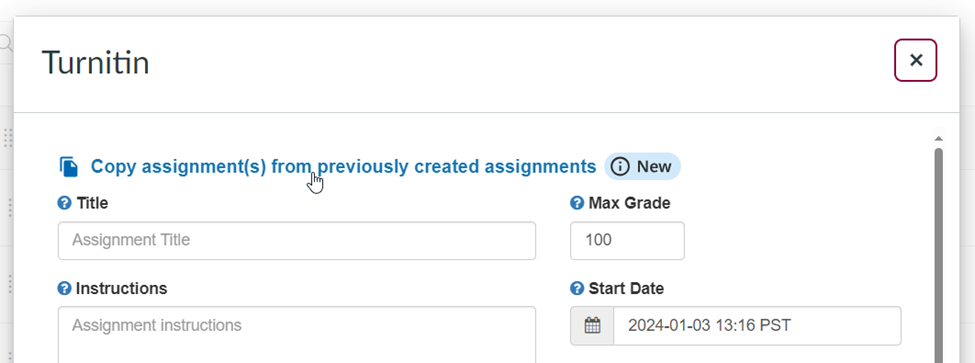 Turnitin modal window with cursor hovering over, "copy assignment(s) from previously created assignments."