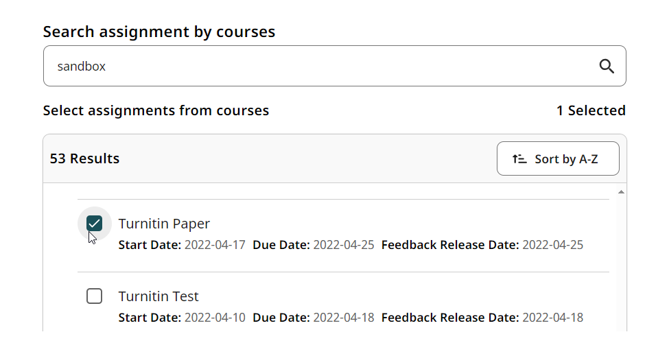 Search assignment window listing Turnitin assignments from previous courses with selectable checkboxes.