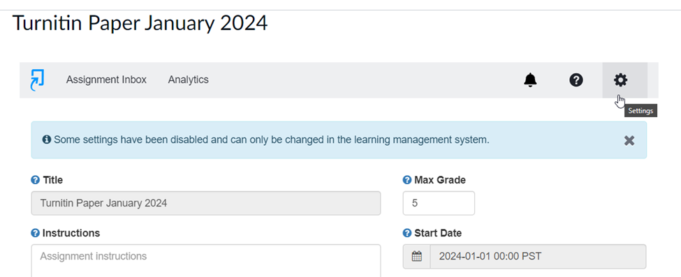 Turnitin assignment inbox. A cursor is hovering over the settings button found on the upper right.