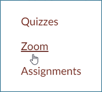 Canvas course navigation menu with a mouse cursor hovering over the Zoom link.