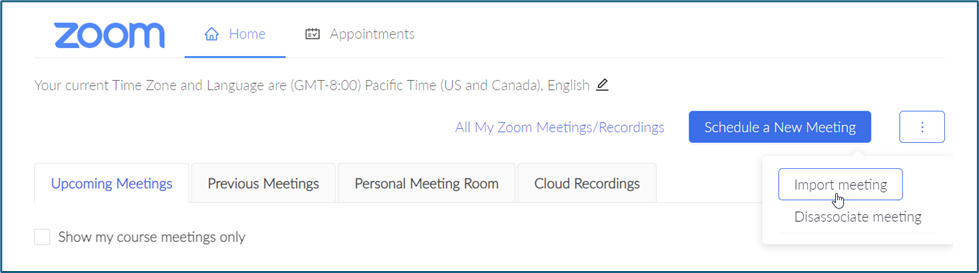 Zoom page displaying menu with mouse cursor hovering over "Import meeting" menu item on the right side of the page.