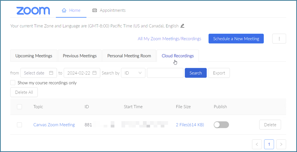 Zoom page with mouse hovering over the Cloud Recordings tab. A cloud recording of the recorded meeting displays on the page.