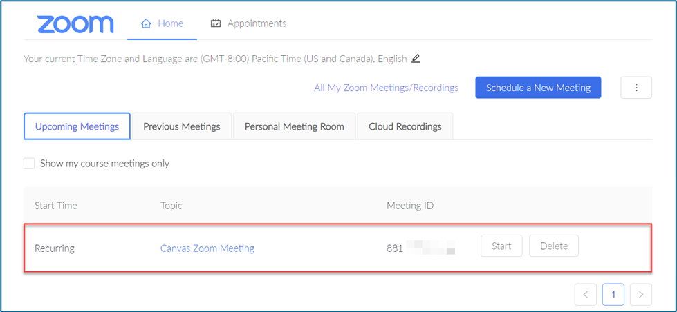 Zoom page highlighting the newly imported meeting containing the meeting name, Meeting ID, and start and delete buttons.