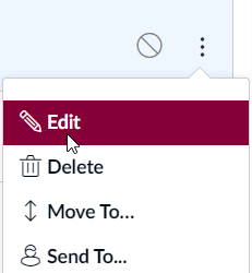 Canvas assignment options menu displays items. A mouse cursor hovers over "edit."