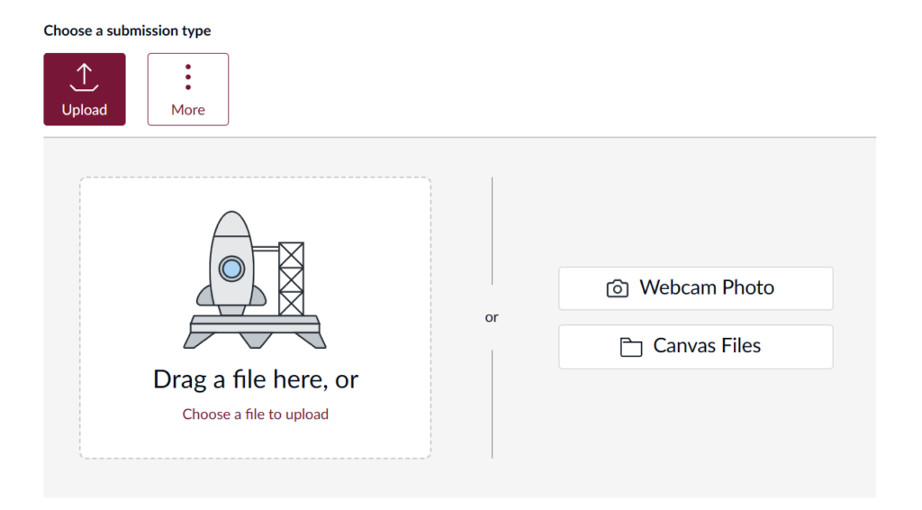 The lower half of the assignment submission page displays more button and buttons to upload a file, webcam photo, or Canvas file.