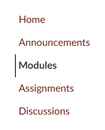 Canvas course menu. Modules link is selected.