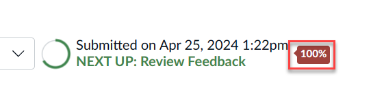 Assignment page with date and time of submission. To the right of the time is a clickable square-like, red colored icon with "100%" on it. The icon is highlighted.