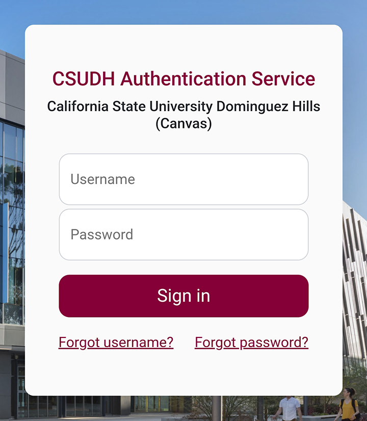 CSUDH Authentication Service page for Canvas. Contains username and password textboxes, button to sign in, and links for retrieving a forgotten username and password.