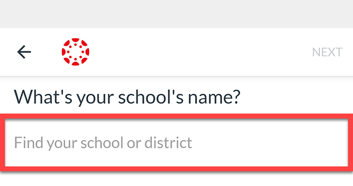 Canvas student mobile app's "what is your school's name" screen. Textbox is highlighted.