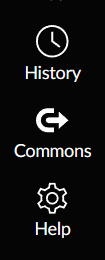 Global navigation menu displaying history, commons, and help link. Commons is selected.