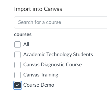 Course list with checkboxes. Checkbox next to course called Course Demo is checked.