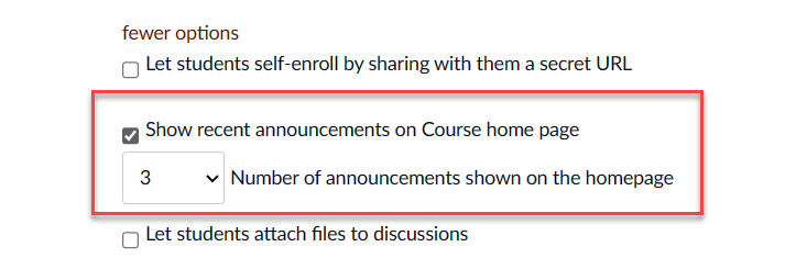 Three checkbox options available below "fewer options" link. Highlighted is the checkbox for "show recent announcements on course home page." Below the setting is an option to select the number of announcements shown on the home page.