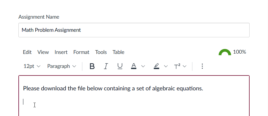 Assignment settings page with assignment name and rich content editor containing toolbar and text.