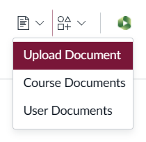 Document menu displays upload document, course documents, and user documents. Upload document is highlighted.