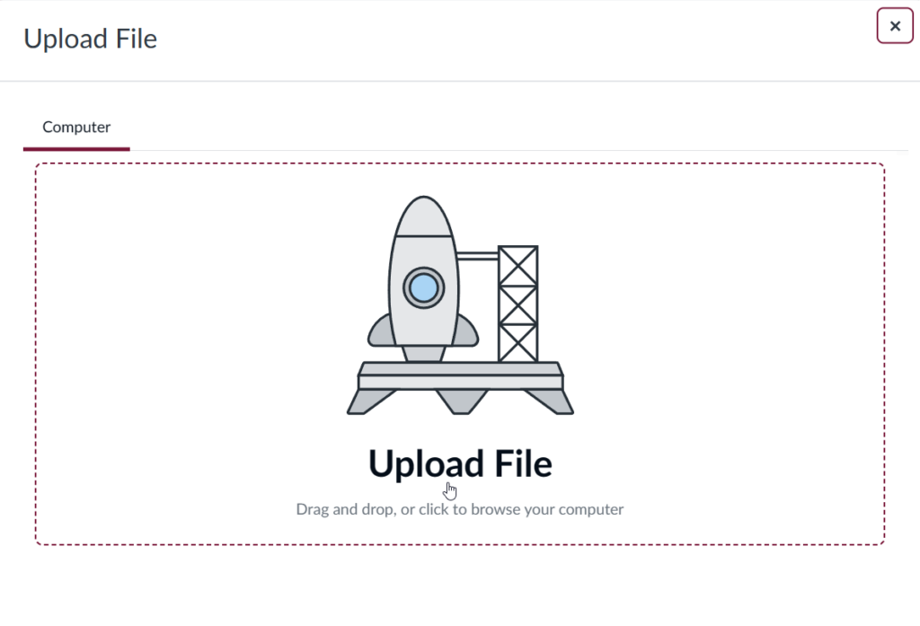 Upload file window with dotted rectangle containing an image of a rocketship with the text "upload file."