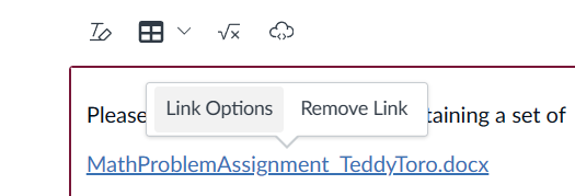 File name with Link Options and Remove Link buttons above. Link Options is selected.