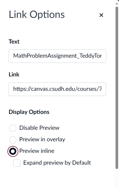 Link Options panel containing file name, link address and display options. Preview inline is selected.