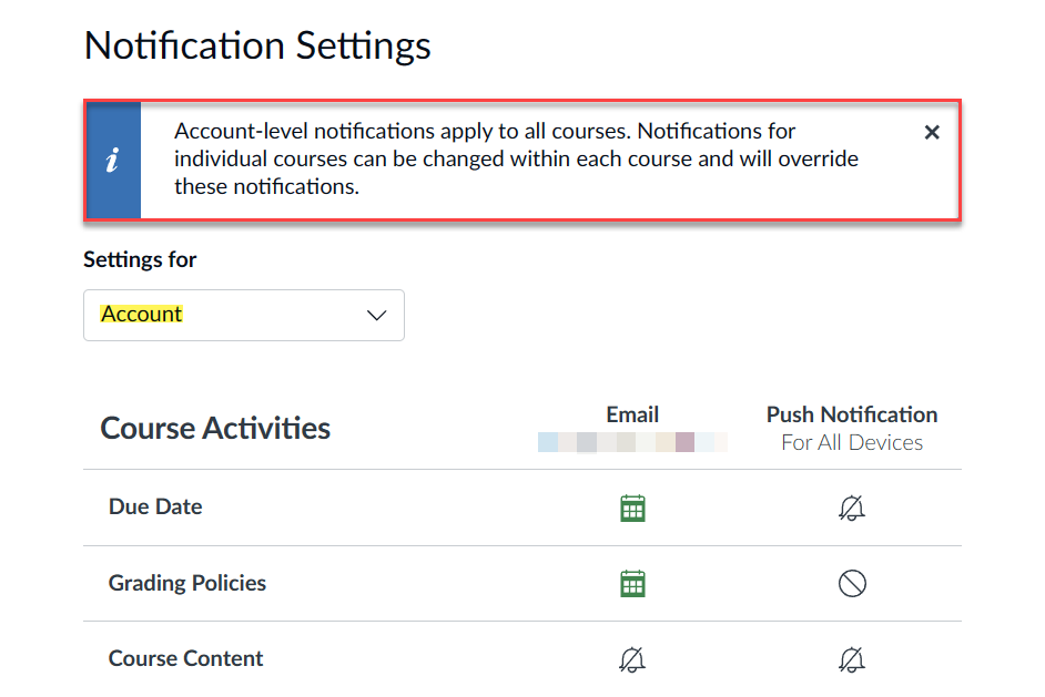 Notification settings page displaying banner about account-level notifications. Banner is highlighted. "Settings for" section highlights Account. Below that section are notification types with notification icons.