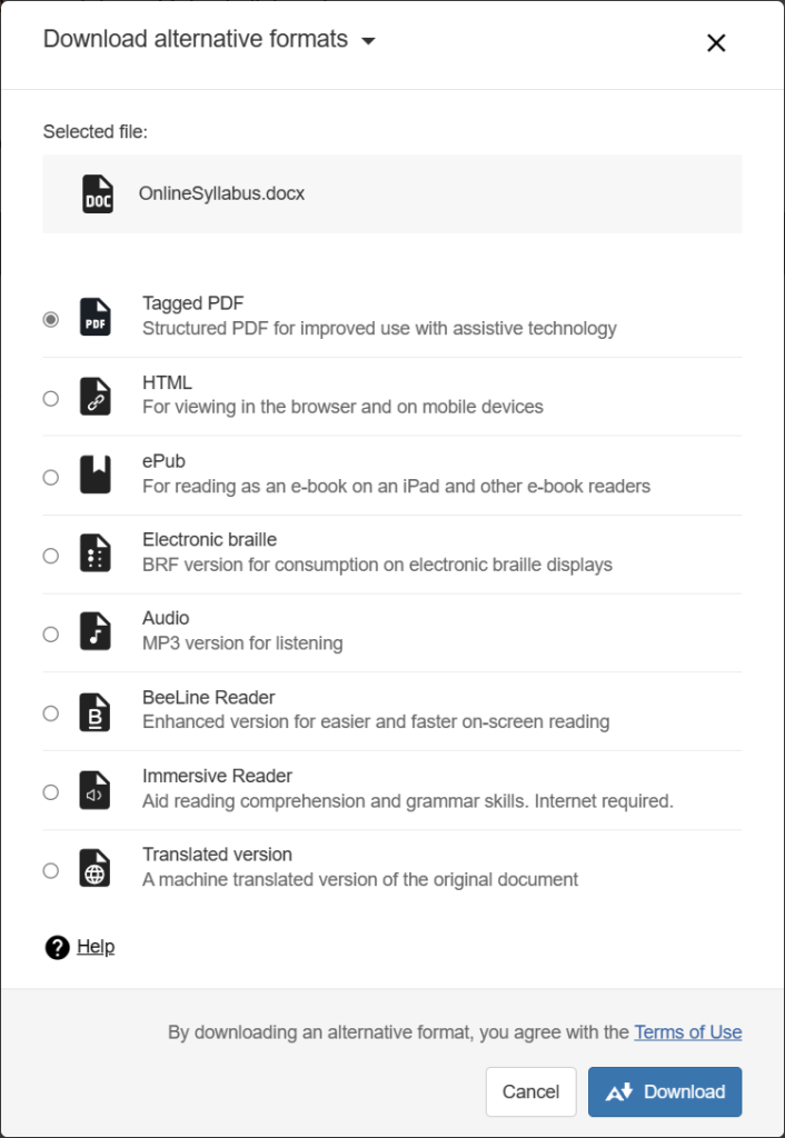 Download alternative formats window with various selectable options. Tagged PDF format is selected. Help, Cancel, and Download buttons available at bottom of window. 