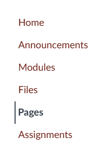 Canvas course menu. Pages is selected.