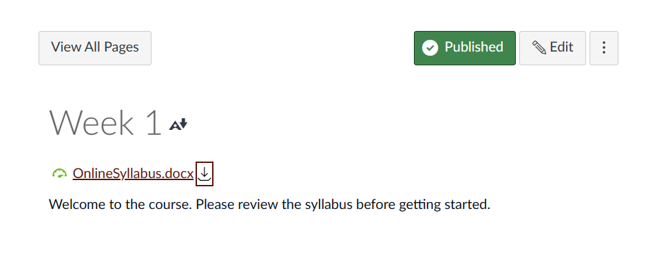 Canvas page displaying View Pages button, "Week 1" page title, filename, and a short description of the page.