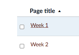 Pages page listing two pages. One page is called "Week 1" and the other is called "Week 2."