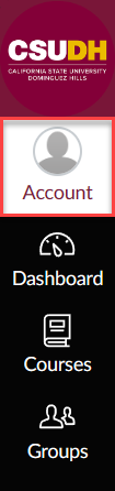 Global navigation bar with links for account, dashboard, courses, and groups. Account is highlighted.