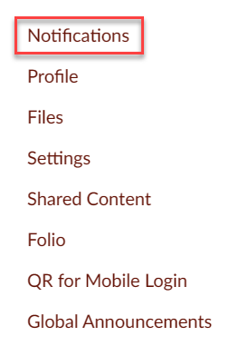 Account panel displaying links for different settings. Notifications is highlighted.