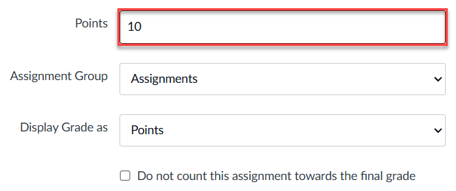 Assignment settings page. Points field is highlighted.