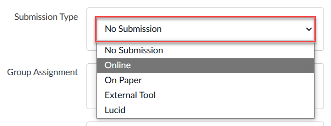 Submission Type dropdown menu is highlighted.