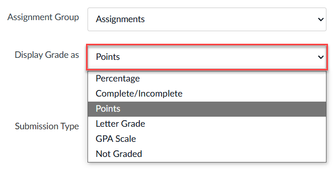 Display Grade as dropdown menu is selected.