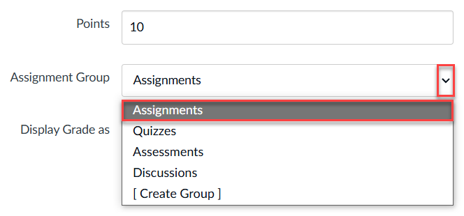 Assignment settings page. Assignments selected in the Assignment Groups dropdown menu.