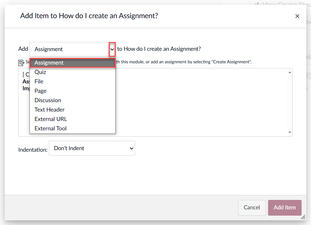 Add Item window with Assignment selected in the dropdown menu.