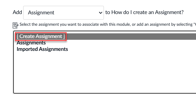 Add Item window with Create Assignment selected.