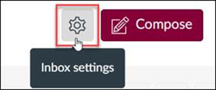 Canvas Inbox page. Gear icon to open Inbox Settings window is highlighted.