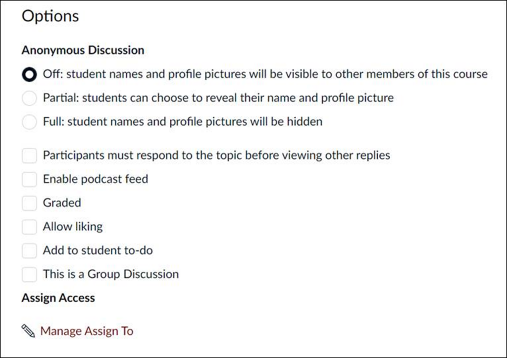 Create a new discussion page. Options section displays with various options containing radio buttons and checkboxes. "Manage Assign To" link is available at the bottom of the options list.