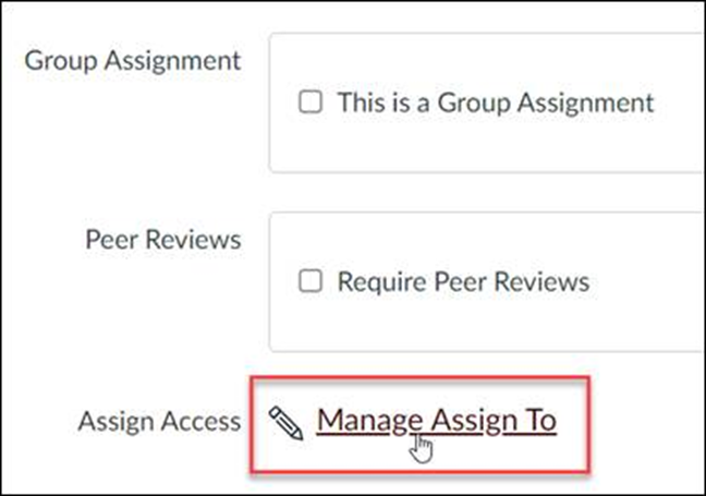 Create Assignment Page. Manage Assign To option found under Assign Access is highlighted.